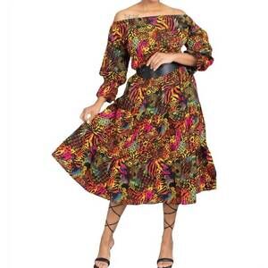 NEW KARA CHIC off-shoulder midi dress in brown multi
